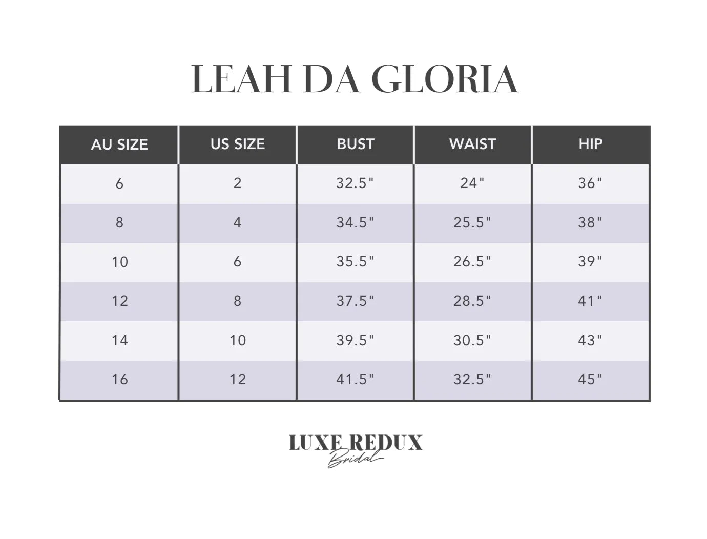 Leah Da Gloria Sasha - Size 10 Size Chart