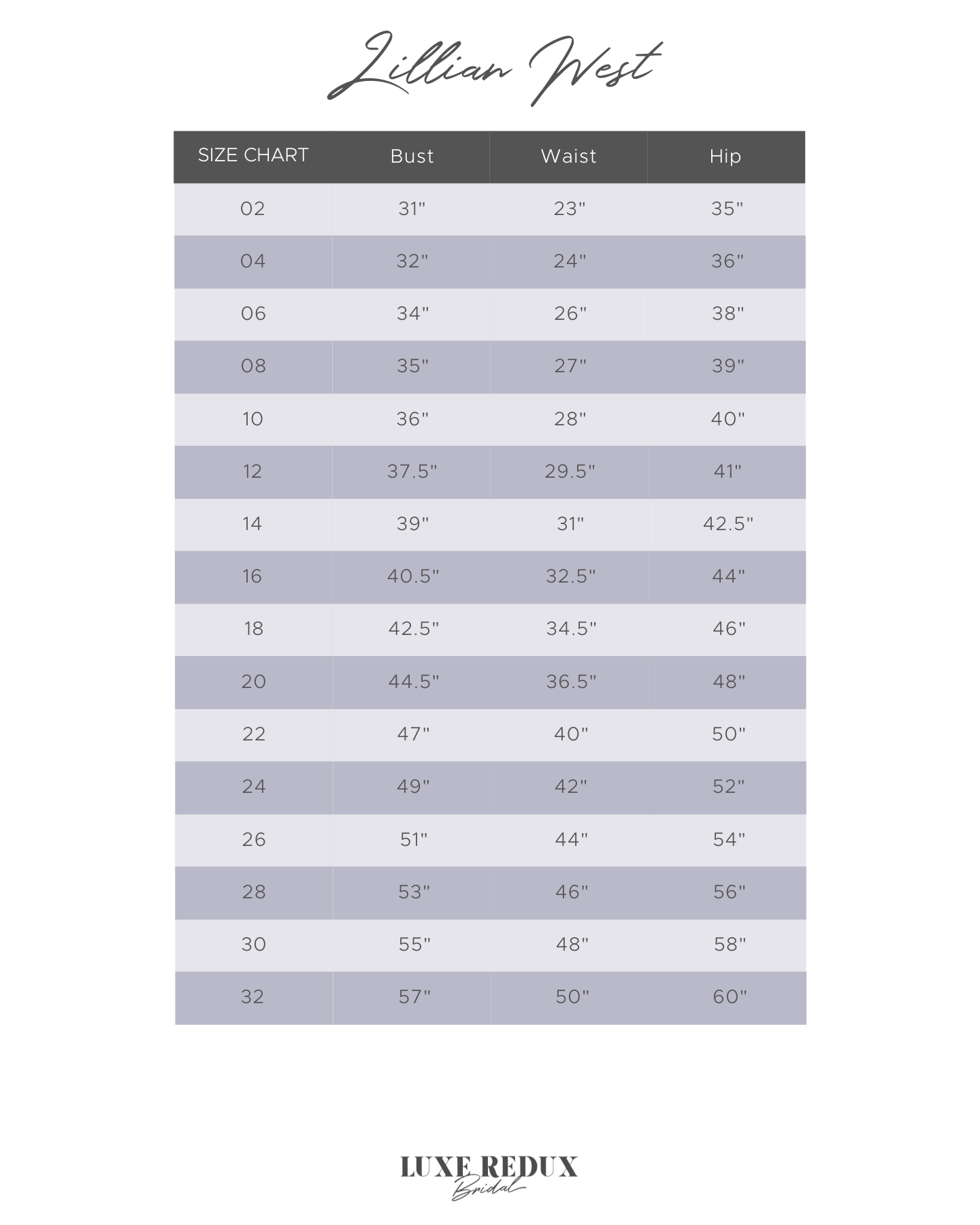 Lillian West 66274N - Size 20 Size Chart