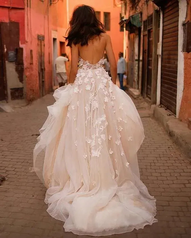 full back of liz martinez collette blush tulle a-line wedding dress wit lace appliques and beading