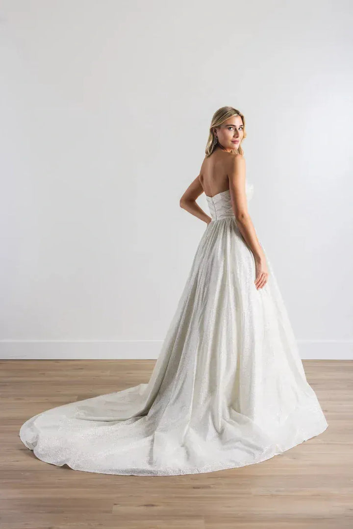 full back of watters vanity silver sparkle tulle ball gown featuring a strapless bodice and chapel length train