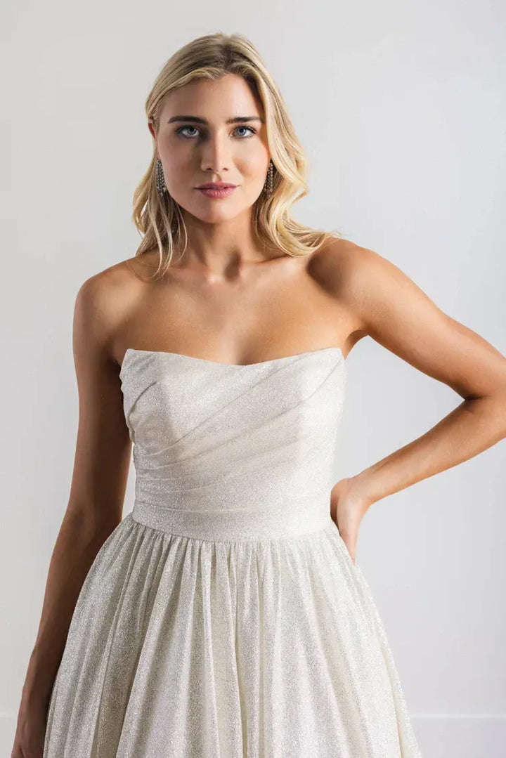 close up of watters vanity silver sparkle tulle ball gown showing the strapless bodice