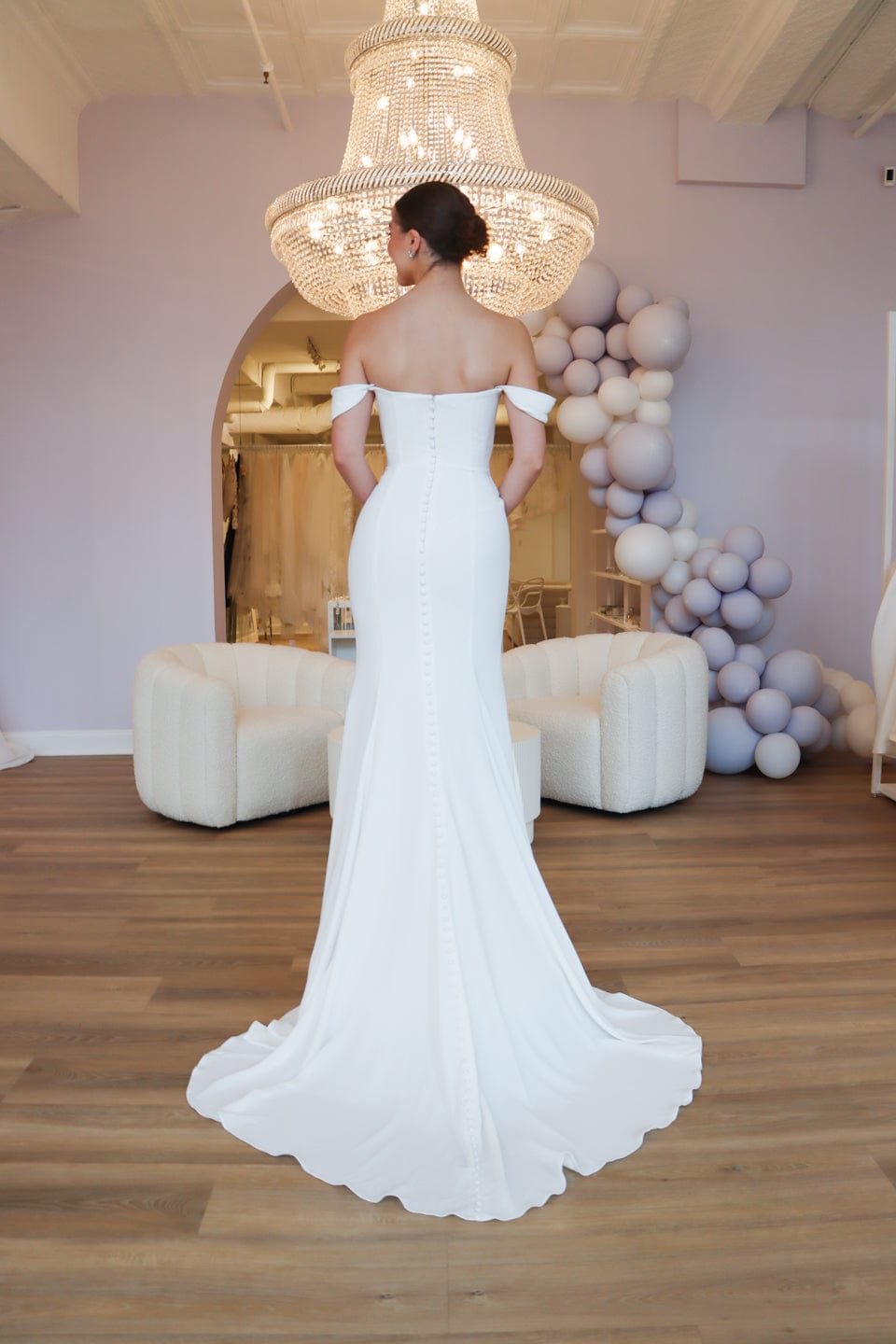 Off the Shoulder Modern Wedding Dress | Fit and Flare Bridal Gown with Ruched Bodice and Buttons Down the Back | Luxe Prive Louella | Luxe Redux Off the Shoulder Modern Wedding Dress | Fit and Flare Bridal Gown with Ruched Bodice and Buttons Down the Back | Luxe Prive Louella | Luxe Redux
