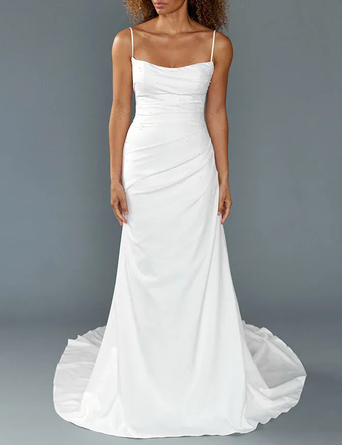 full front of louvienne rhys ivory crepe fitted wedding dress with pearls on the bodice
