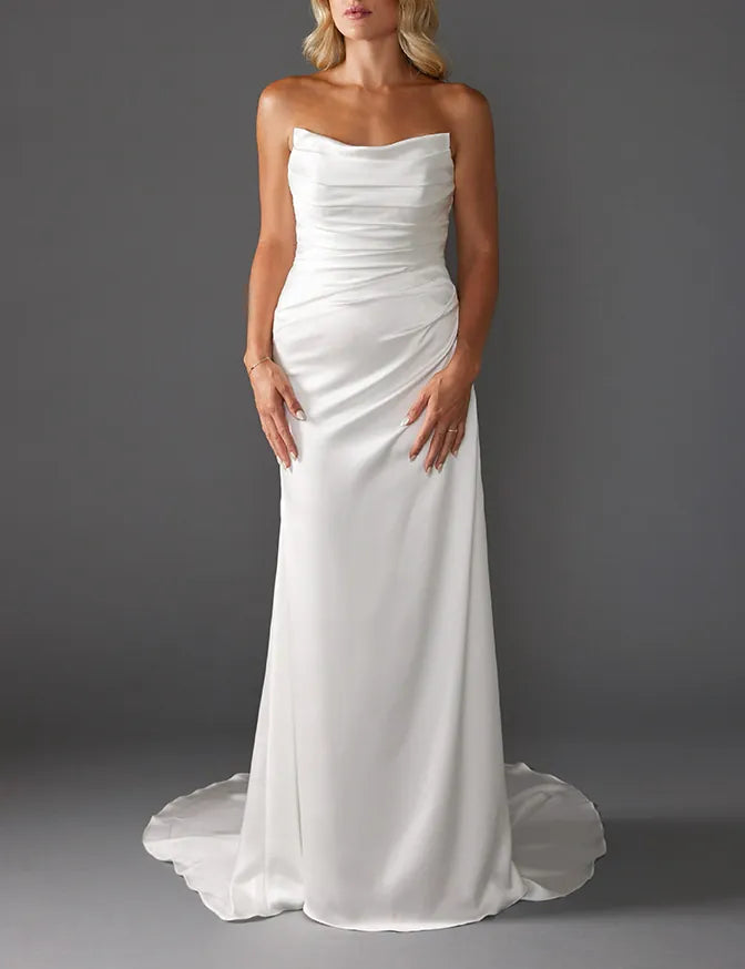 full front of louvienne shay ivory charmeuse sheath wedding dress with a strapless scoop neckline and ruched bodice