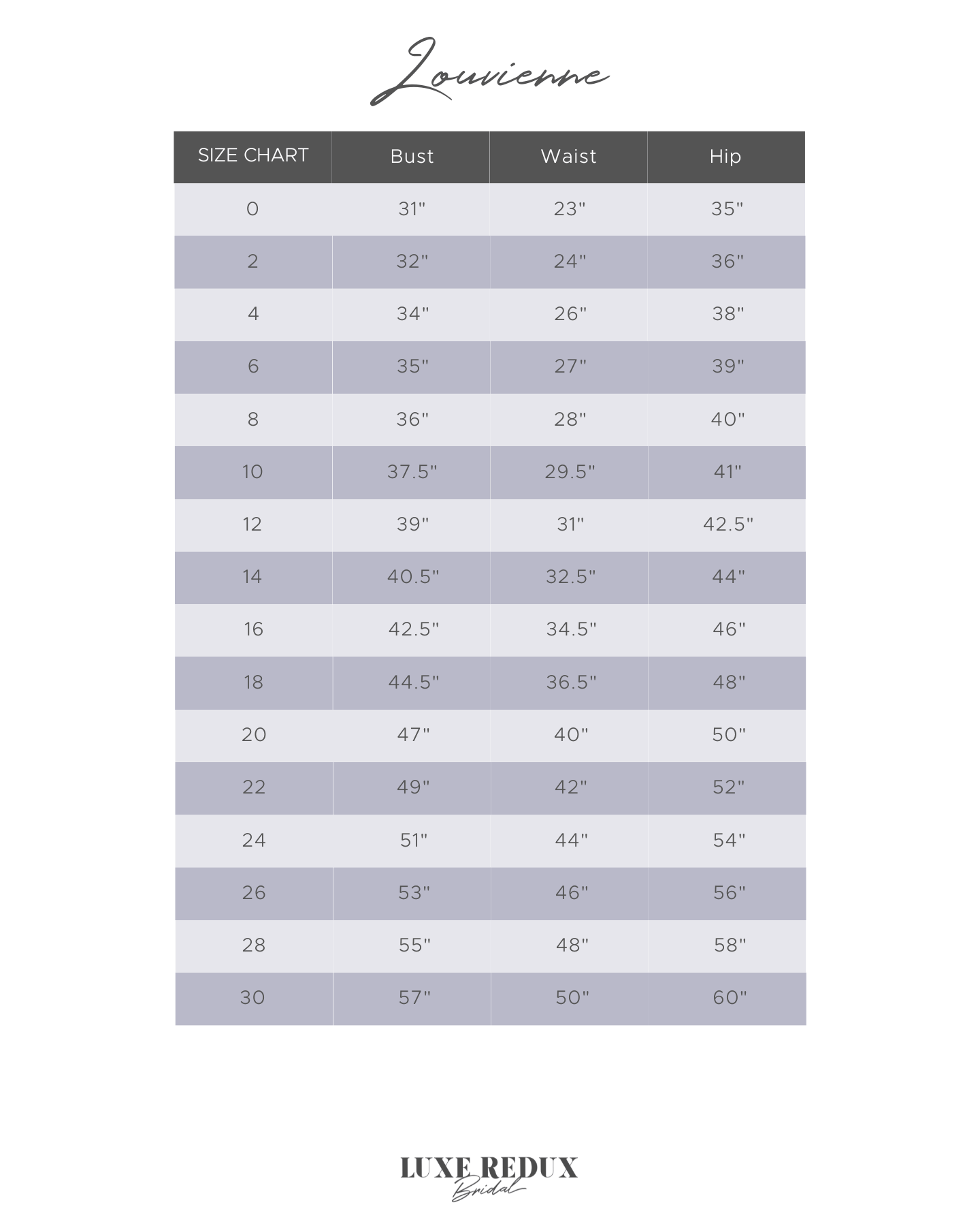 Louvienne Sutton - Size 20 Size Chart