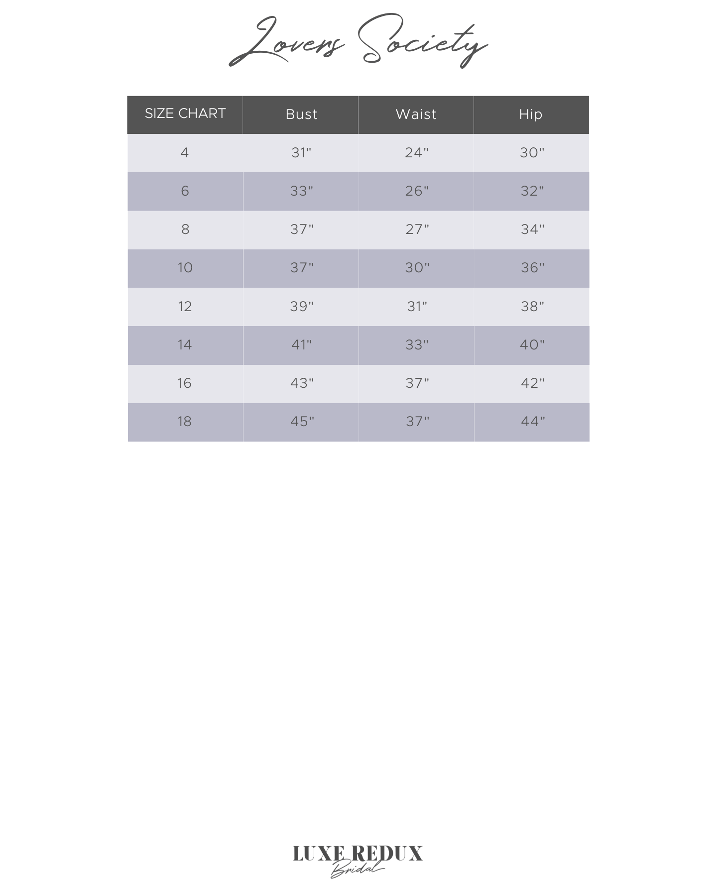 Lovers Society Dove - Size 10 Size Chart