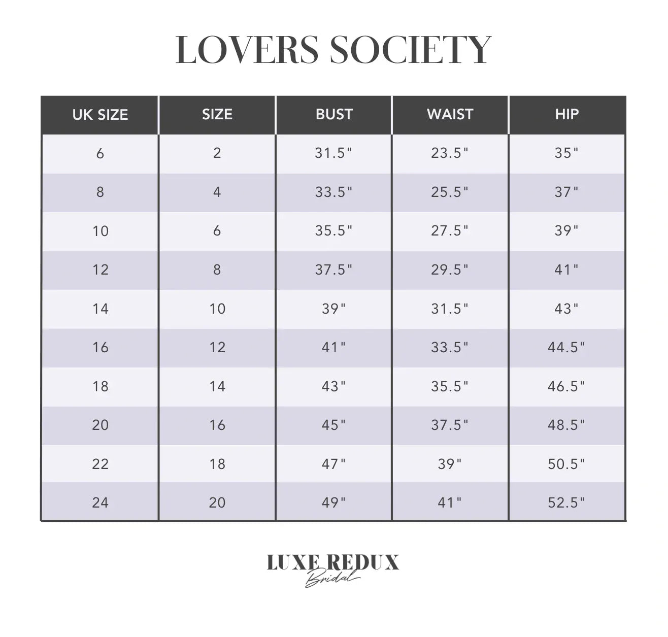 Lovers Society Faye - Size 12 Size Chart