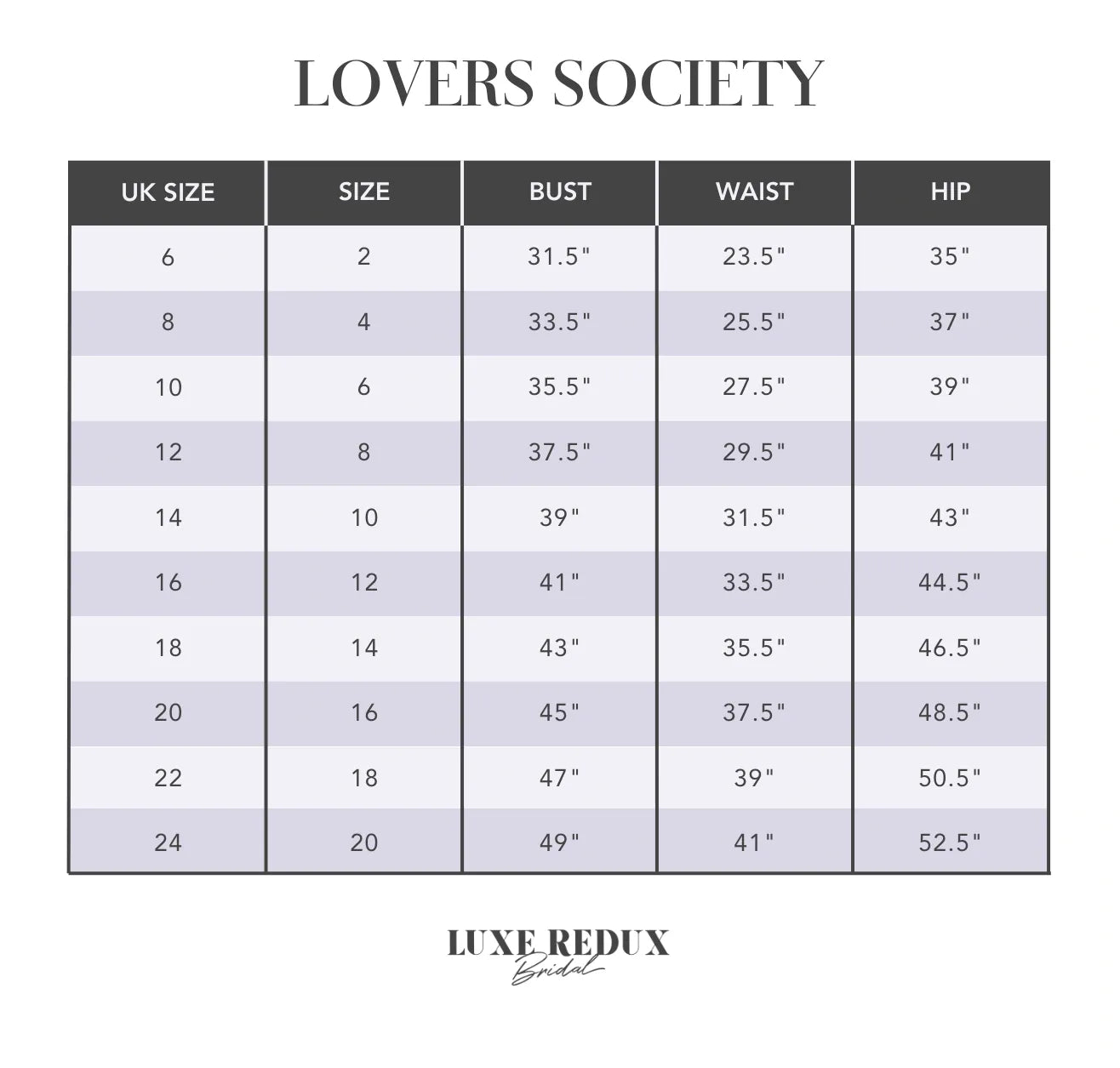 Lovers Society Piper - Size 16 Size Chart