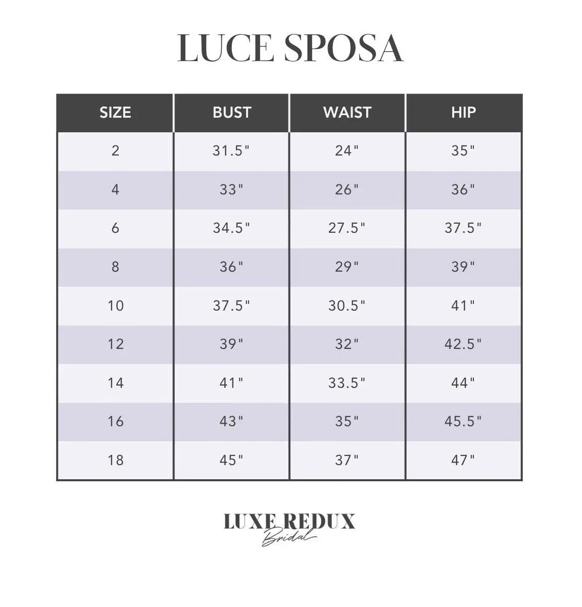Luce Sposa Dana - Size 10 Size Chart