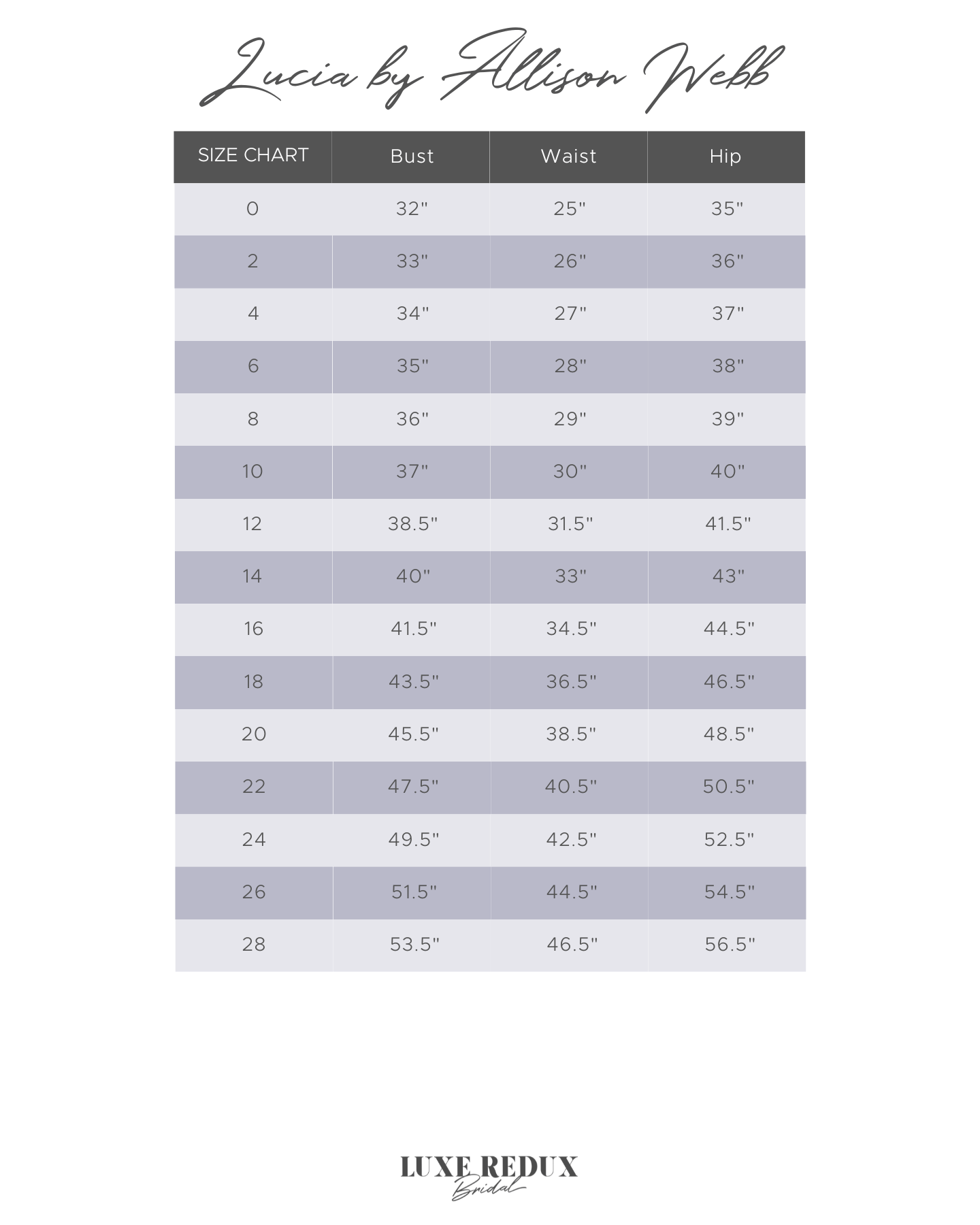 Lucia by Allison Webb Alina - Size 6 Size Chart