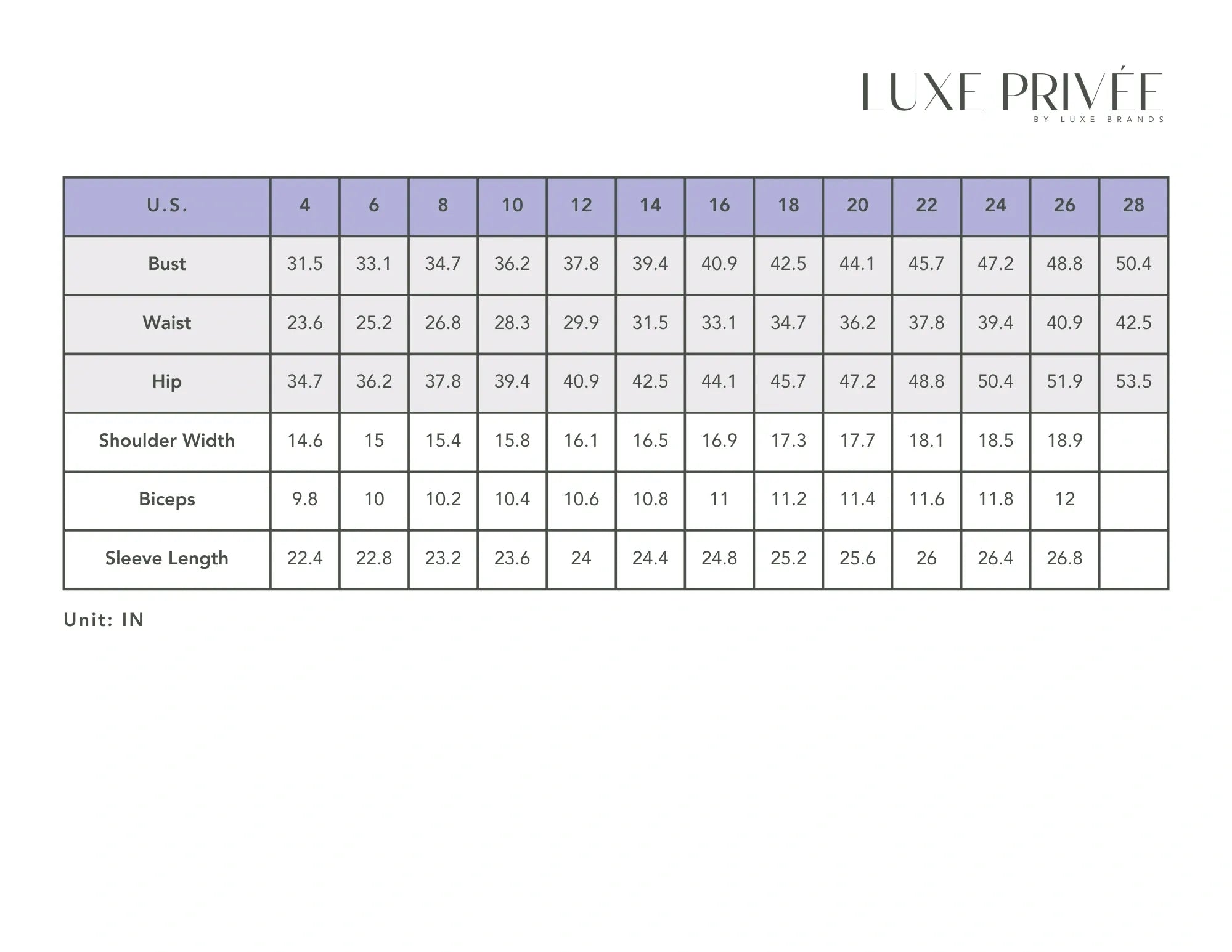 Luxe Privée Georgia Size Chart