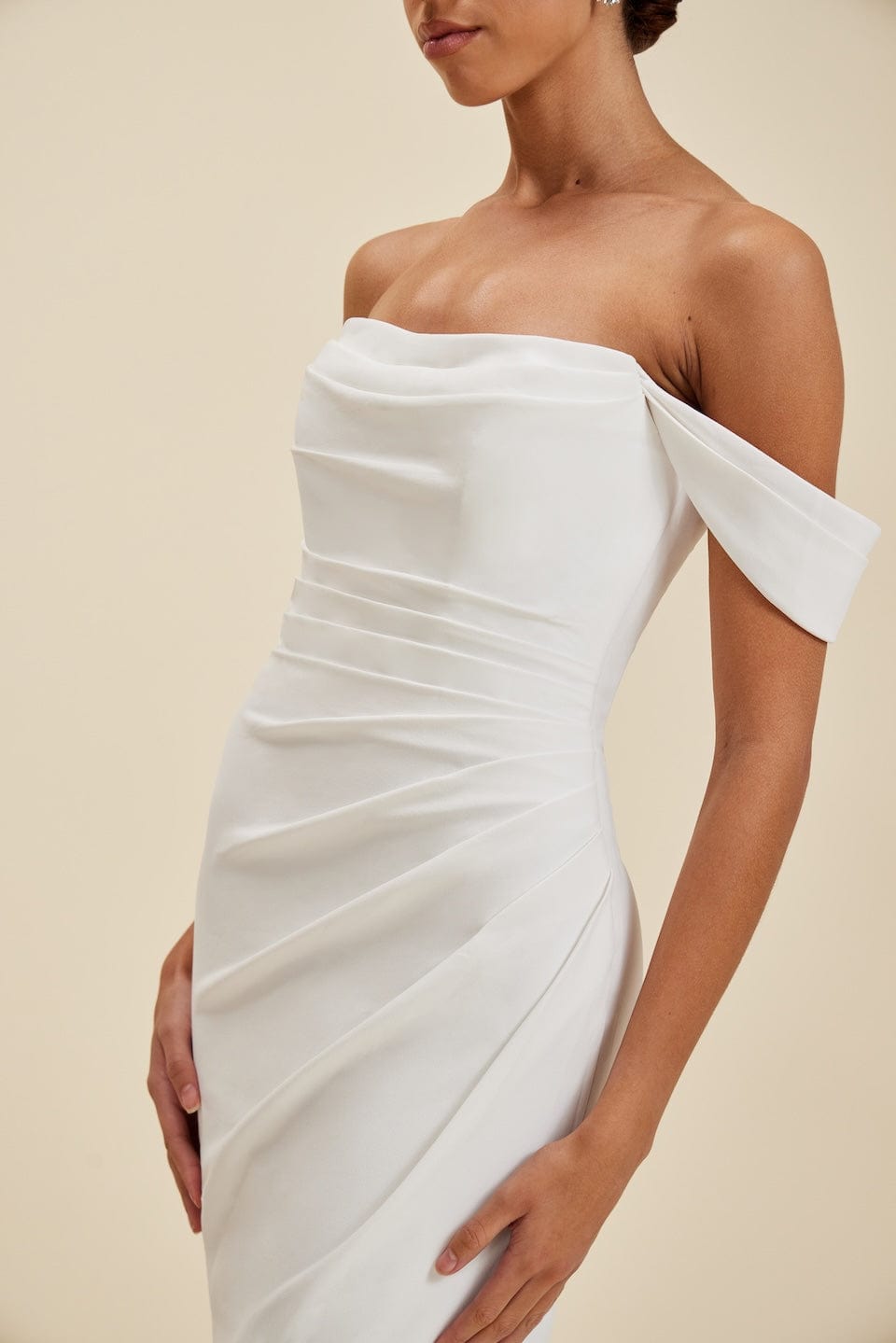 Off the Shoulder Modern Wedding Dress | Fit and Flare Bridal Gown with Ruched Bodice and Buttons Down the Back | Luxe Prive Louella | Luxe Redux Off the Shoulder Modern Wedding Dress | Fit and Flare Bridal Gown with Ruched Bodice and Buttons Down the Back | Luxe Prive Louella | Luxe Redux