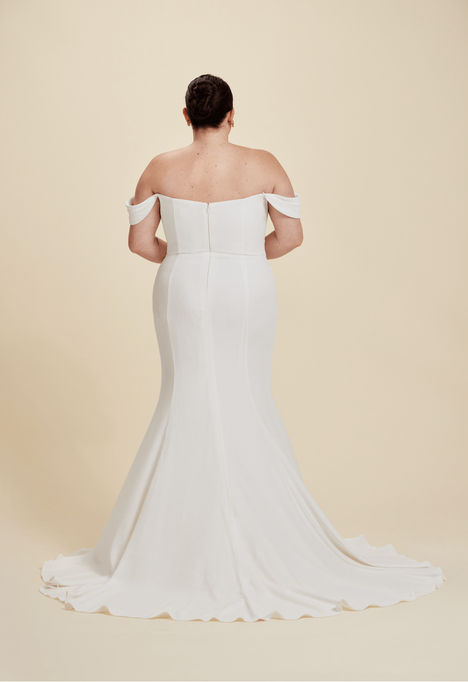 Off the Shoulder Modern Wedding Dress | Fit and Flare Bridal Gown with Ruched Bodice and Buttons Down the Back | Luxe Prive Louella | Luxe Redux Off the Shoulder Modern Wedding Dress | Fit and Flare Bridal Gown with Ruched Bodice and Buttons Down the Back | Luxe Prive Louella | Luxe Redux
