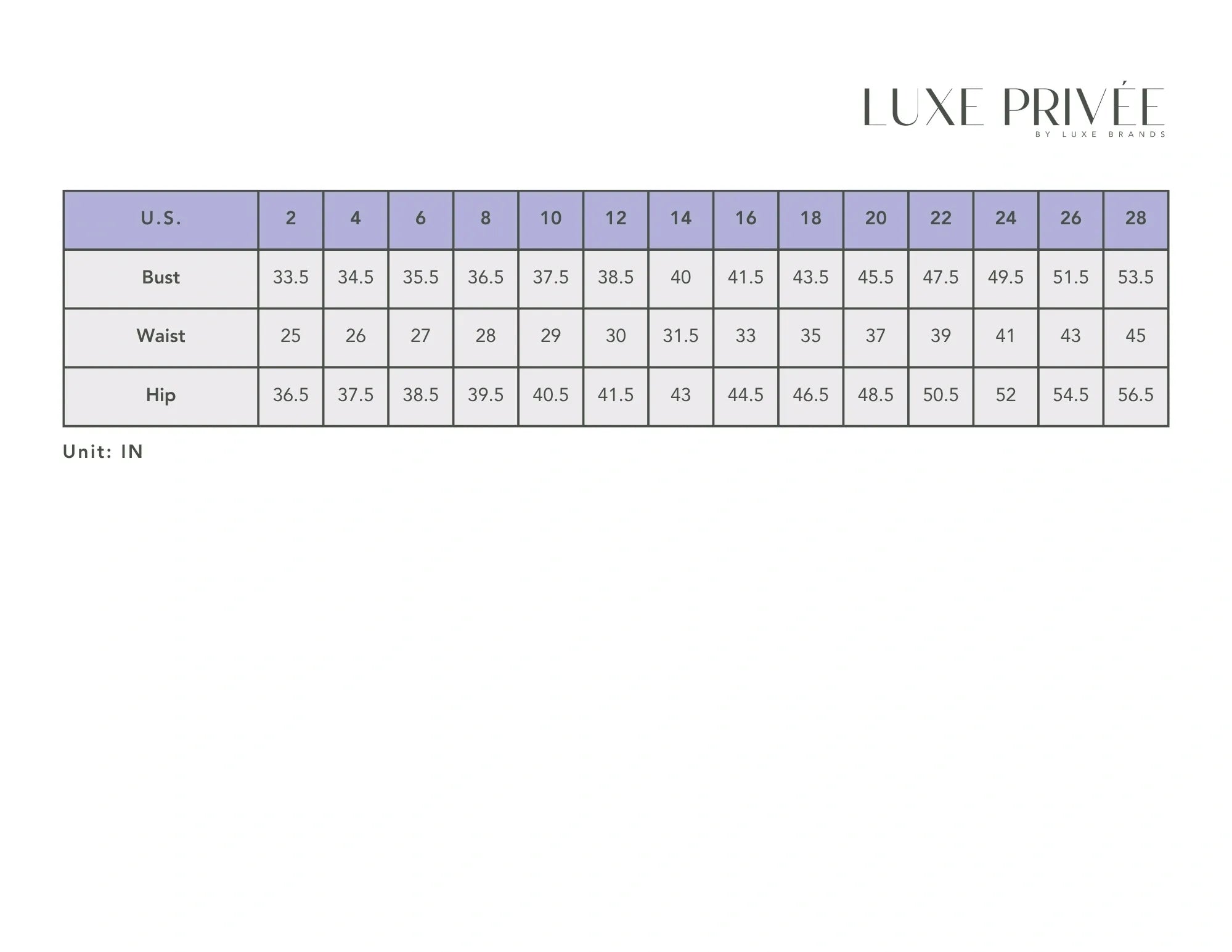 Luxe Privée Rosie Size Chart