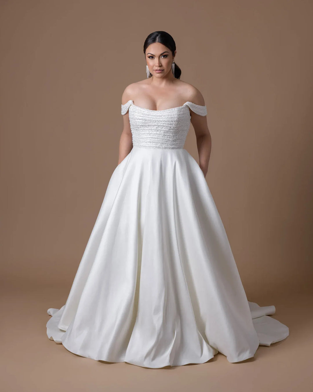 front of dany girl luxe ivory satin ball gown wedding dress with a beaded scoop neck bodice
