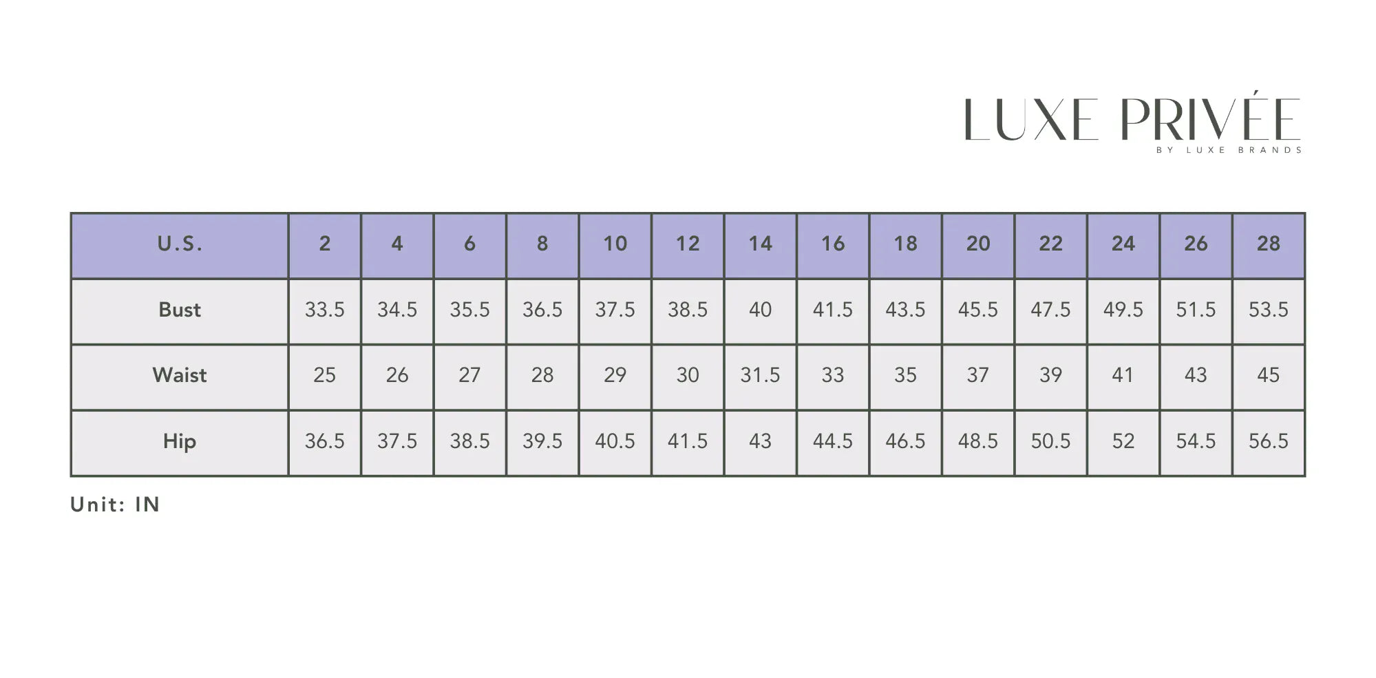 Luxe Privée Lark Size Chart