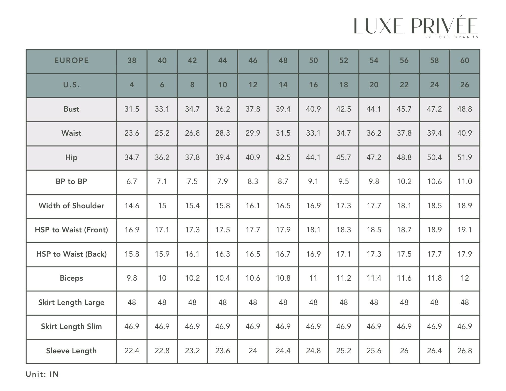 Luxe Privée Elizabeth Size Chart