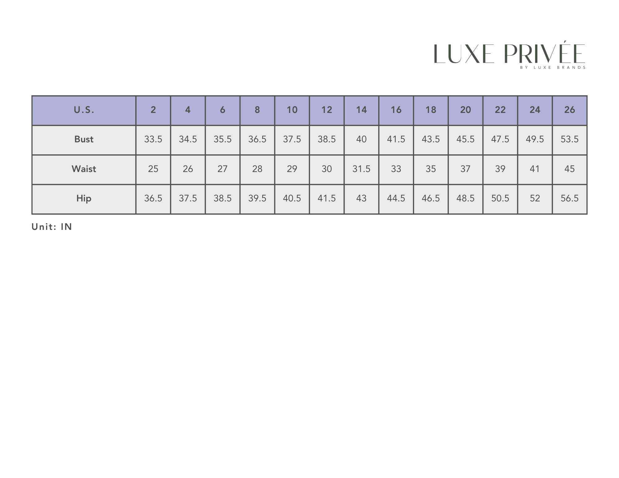 Luxe Privée Noa Size Chart