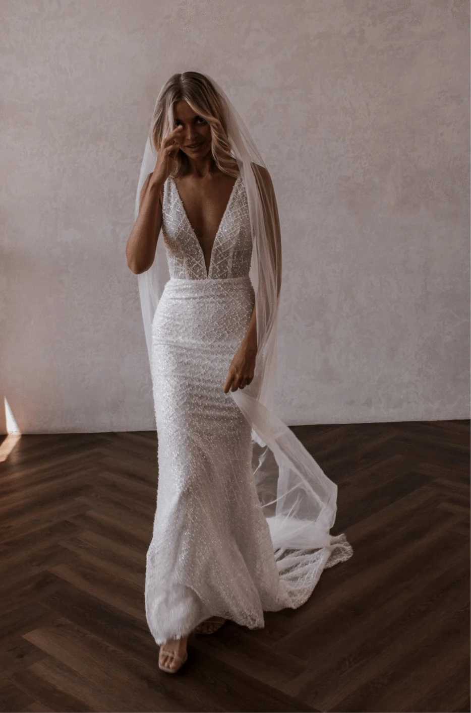 Made With Love Kendall Wedding Dress – Sparkly Lace Fit and Flare Bridal Gown With V-neckline and Short Train – Size 12 – Luxe Redux Bridal