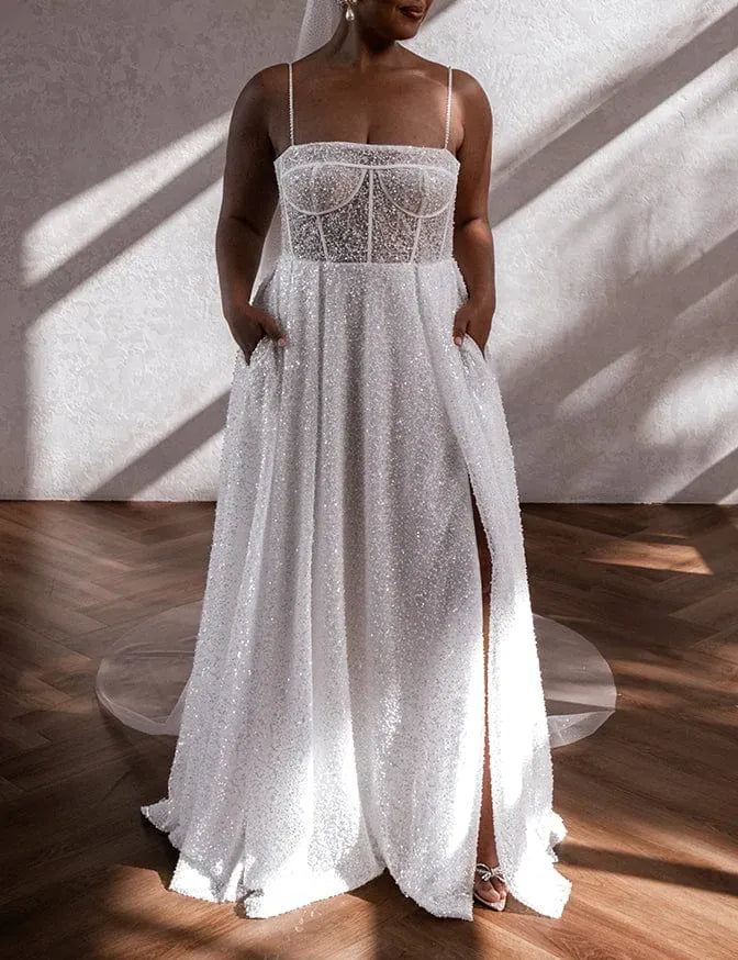 full front of made with love sebastian ivory beaded a-line wedding dress with a square neckline and thin straps