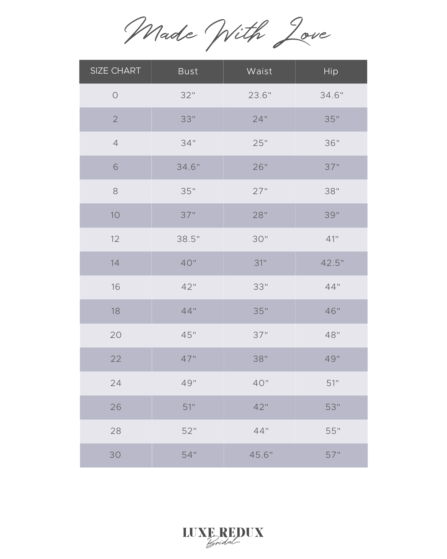 Made With Love Mila - Size 12 Size Chart