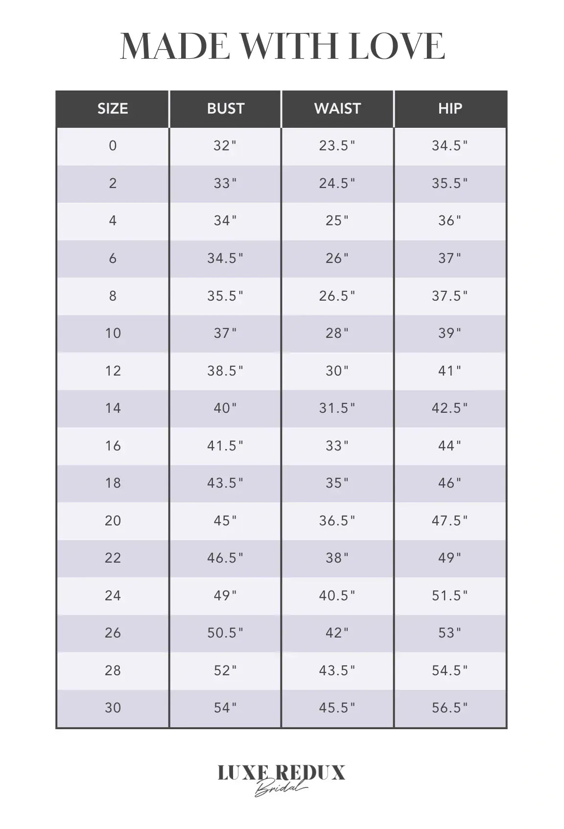Made With Love Elsie [Fitted] - Size 24 Size Chart