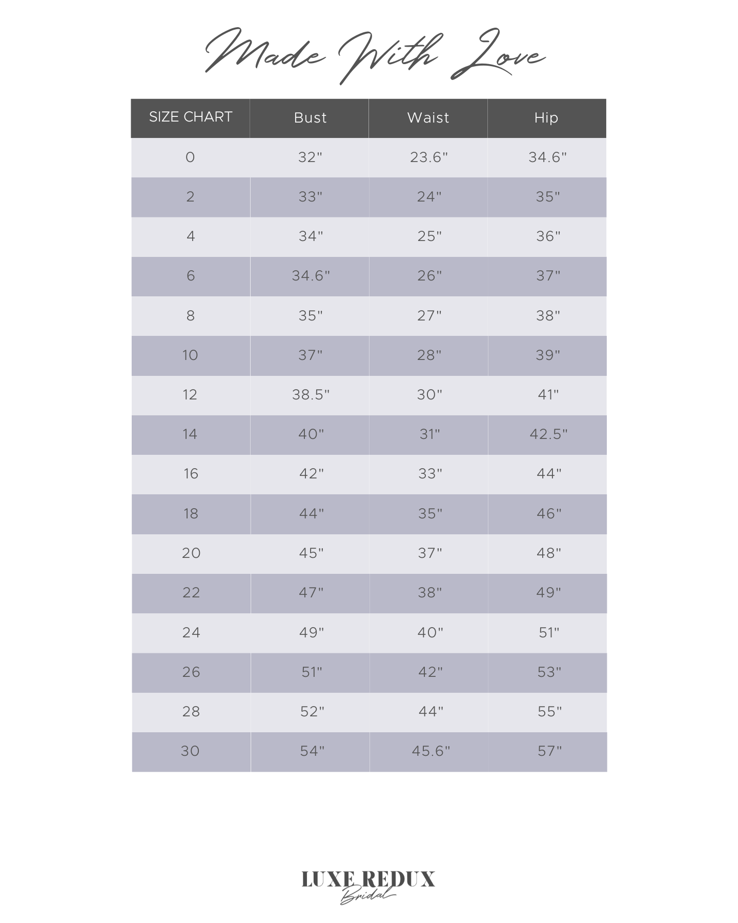 Made With Love Pia - Size 14 Size Chart