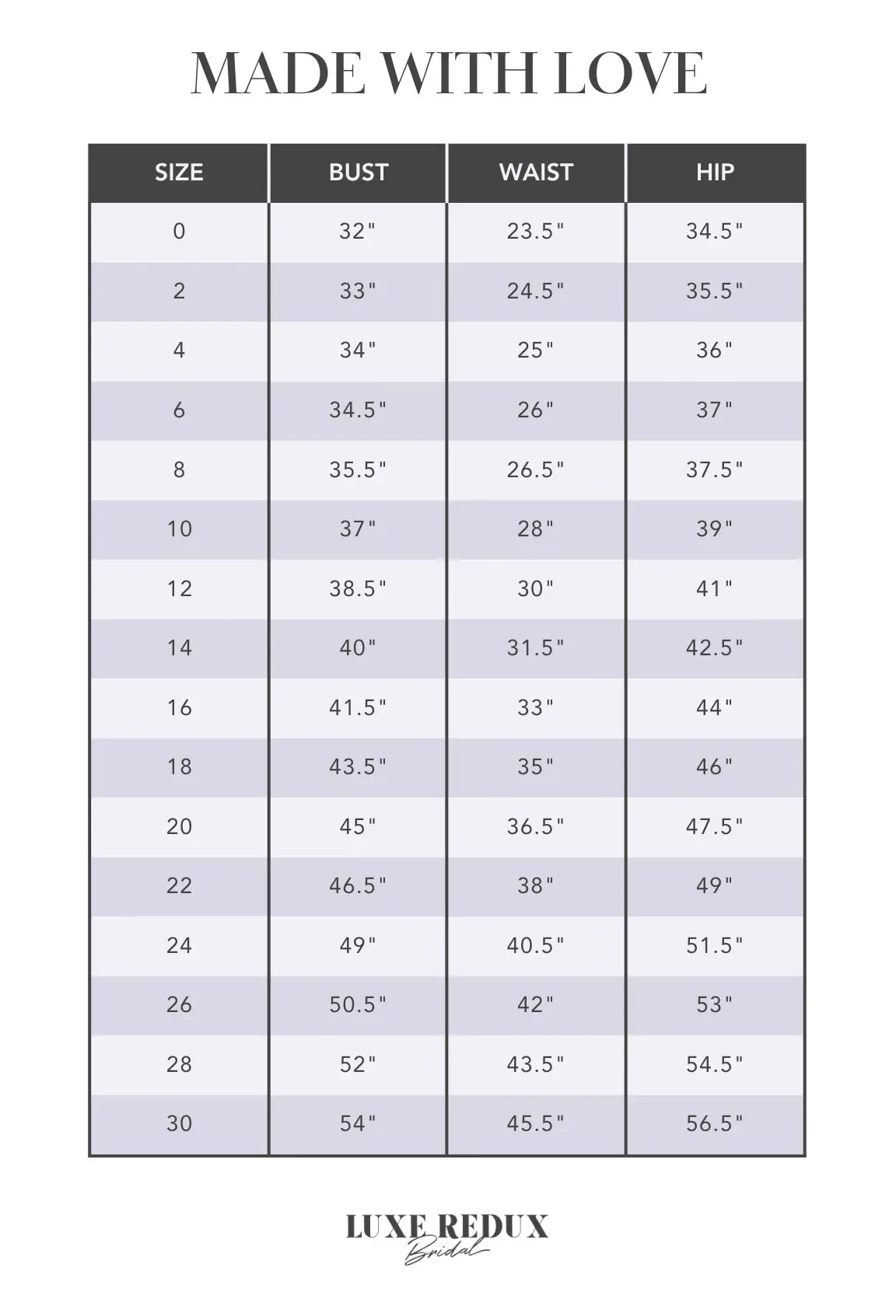 Made With Love Aire - Size 12 Size Chart