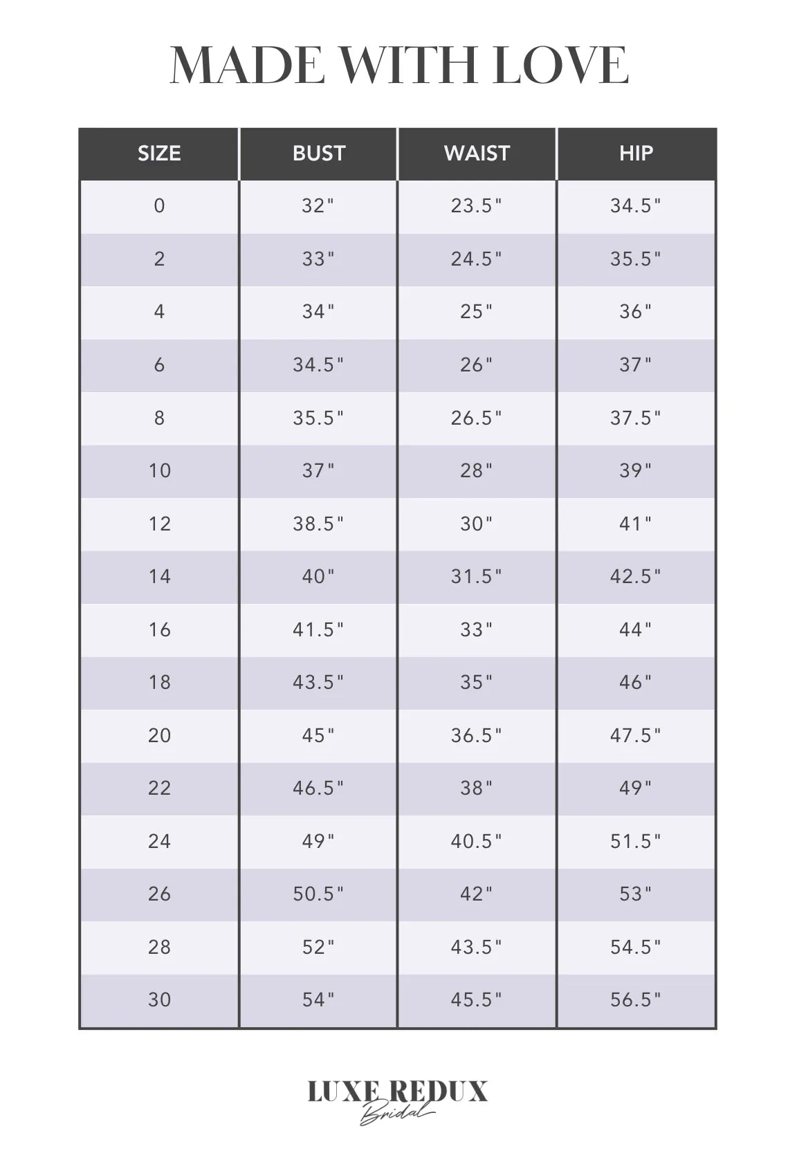 Made With Love Frances - 12 Size Chart