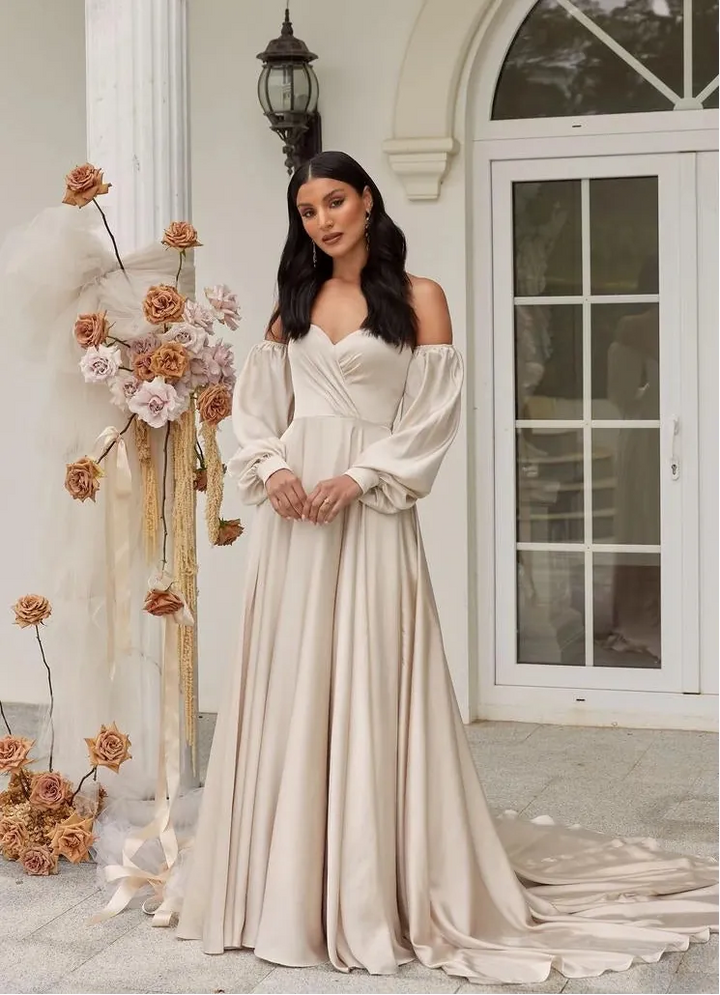 full front of madi lane ml22046 ivory satin a-line wedding dress with detachable long sleeves