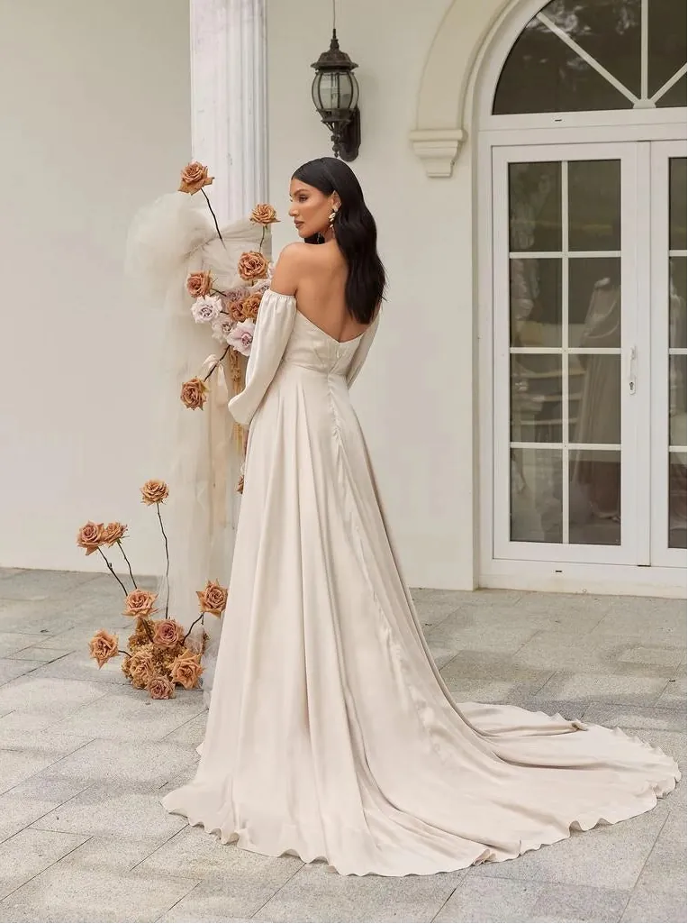 full back of madi lane ml22046 ivory satin a-line wedding dress with detachable long sleeves