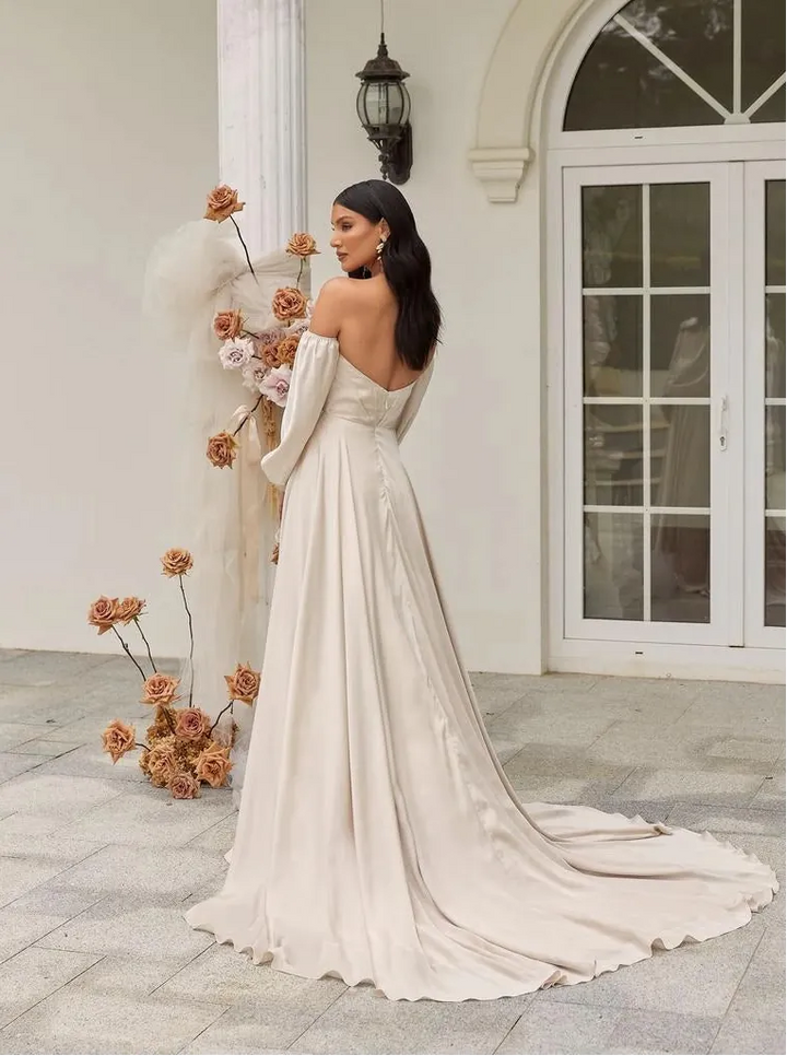 full back of madi lane ml22046 ivory satin a-line wedding dress with detachable long sleeves