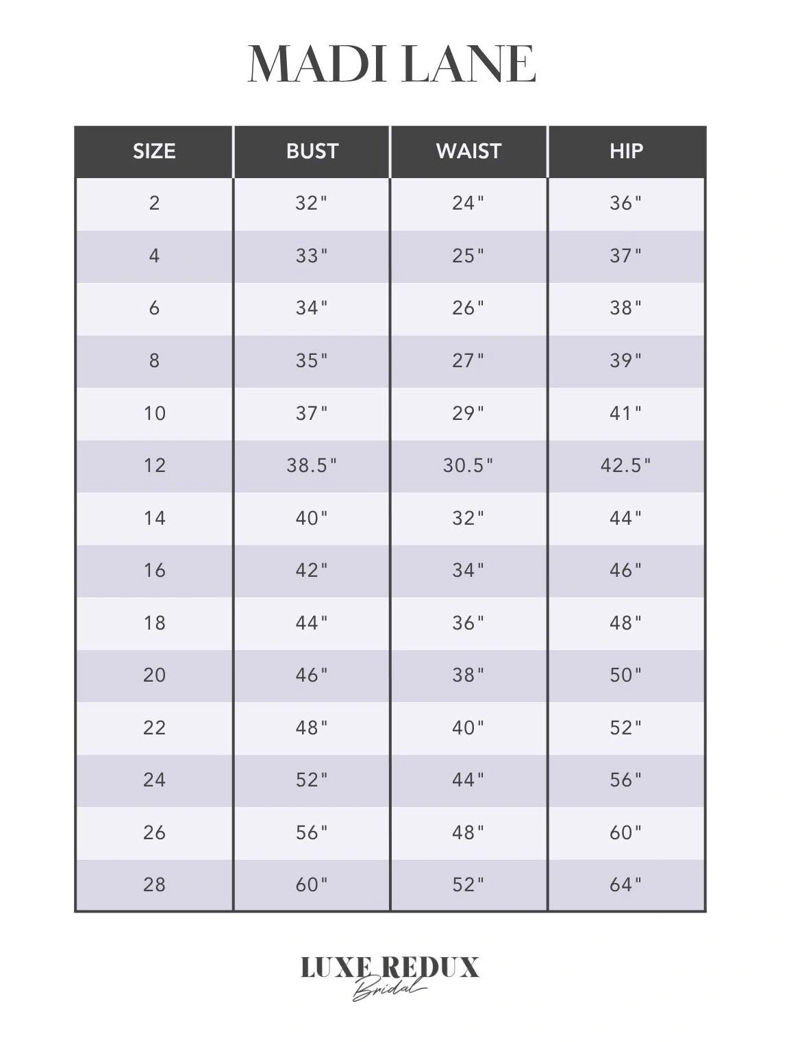 Madi Lane Pierra - Size 12 Size Chart