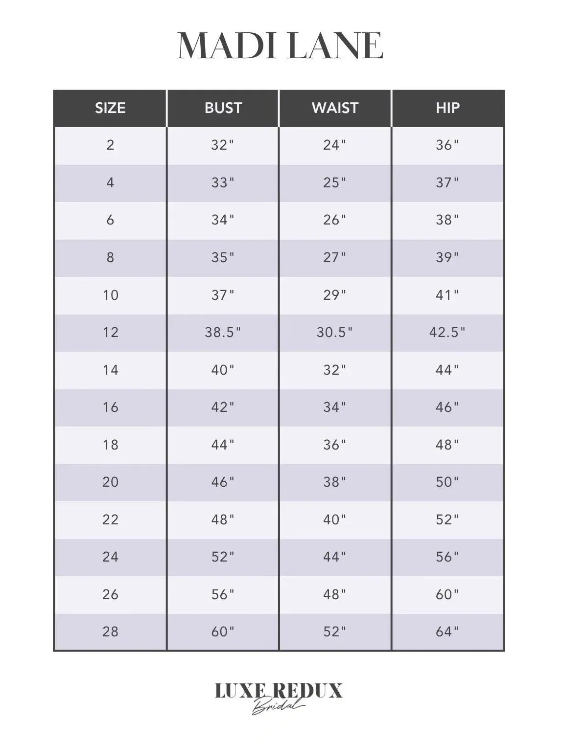 Madi Lane Sannah - Size 12 Size Chart