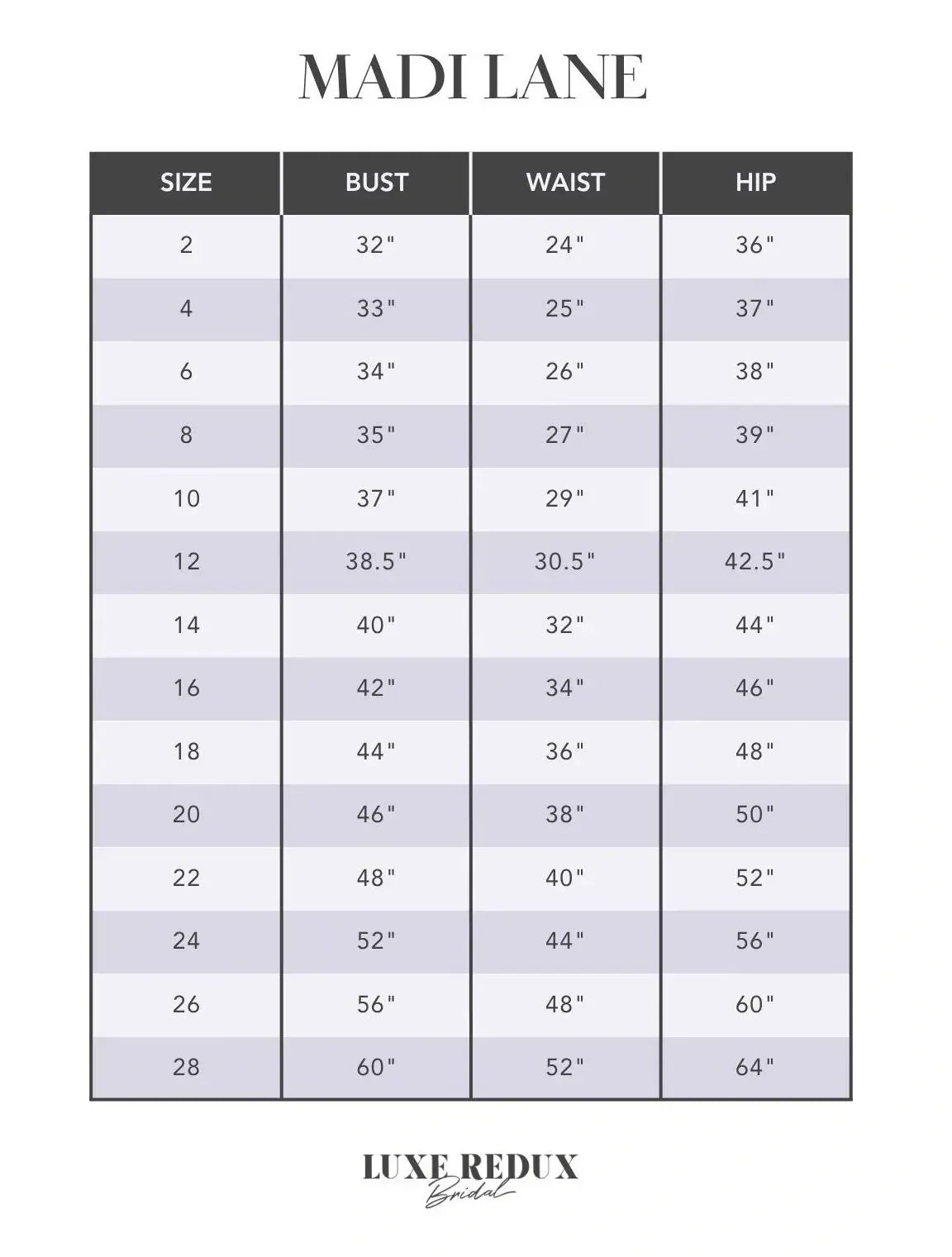 Serene by Madi Lane Dawn - Size 12 Size Chart