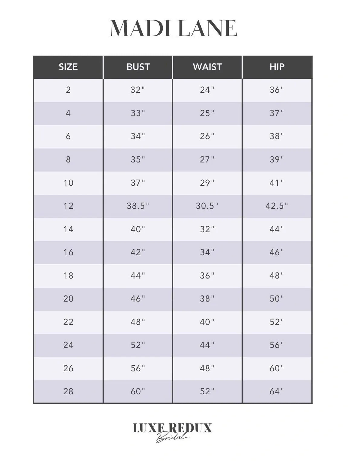 Serene by Madi Lane Juniper - Size 12 Size Chart