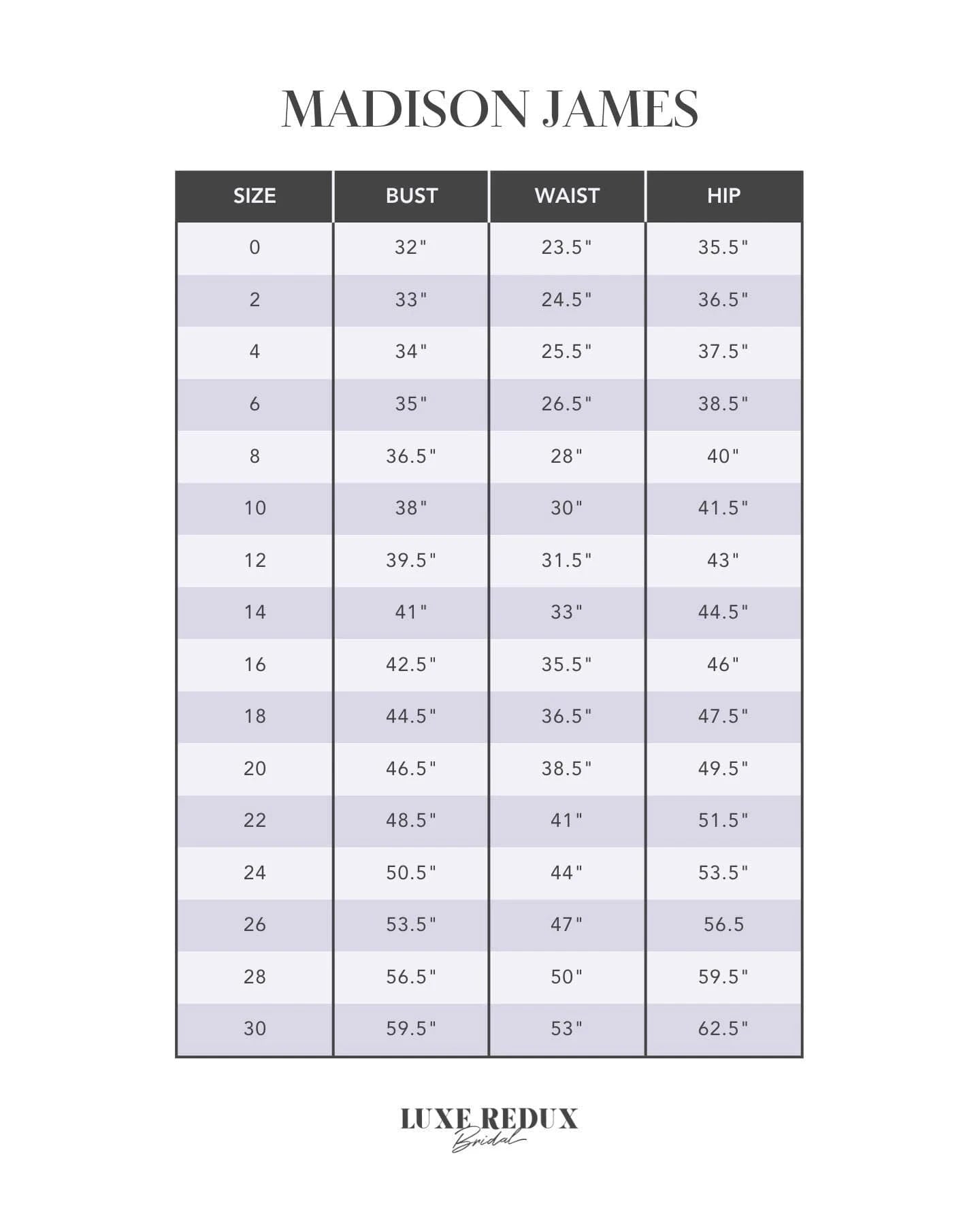 Madison James MJ653L - Size 12 Size Chart