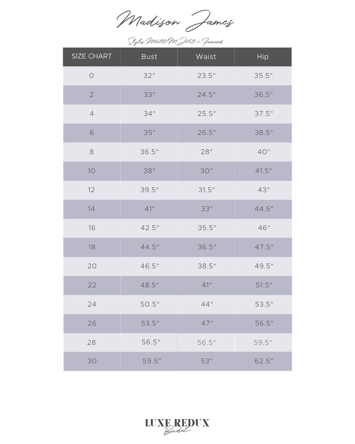 Madison James MJ758 - Size 14 Size Chart