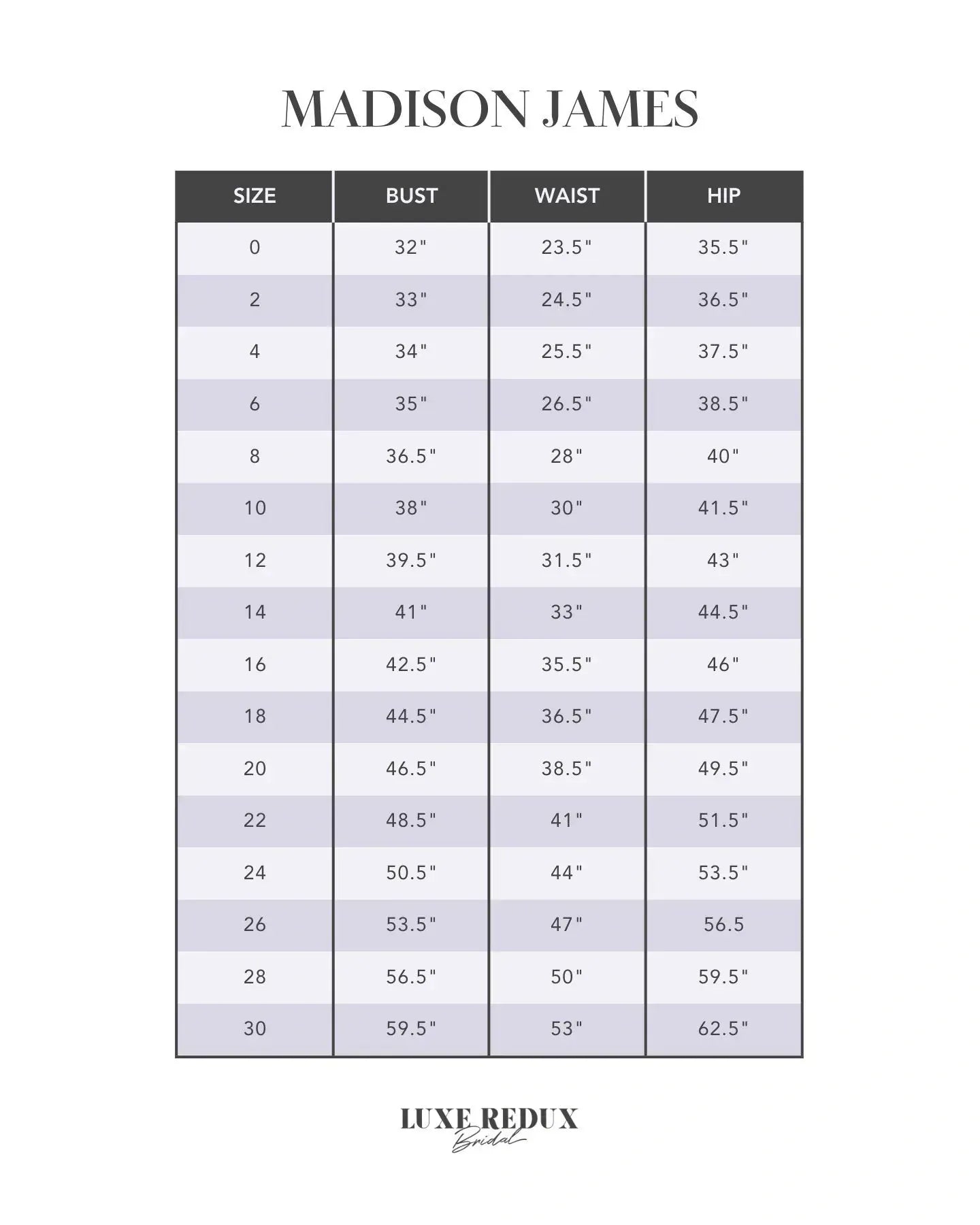 Madison James MJ864 - Size 22 Size Chart