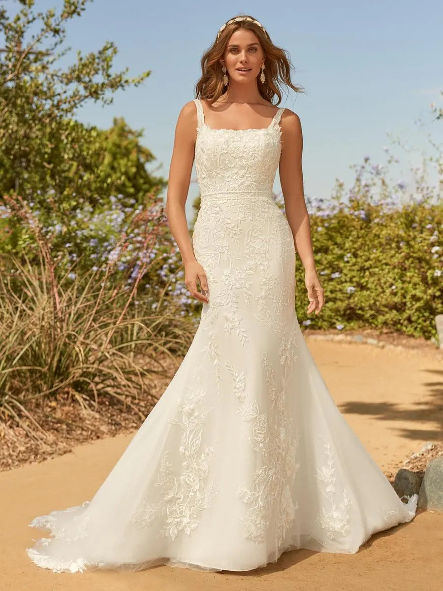 front of maggie sottero albany ivory lace fitted wedding dress with square neckline and thich straps