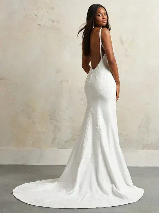 Maggie Sottero Bentley Wedding Dress – Crepe Fit and Flare Bridal Gown with Square Neckline and Embroidered Floral Motif – Size 14 – Luxe Redux Bridal