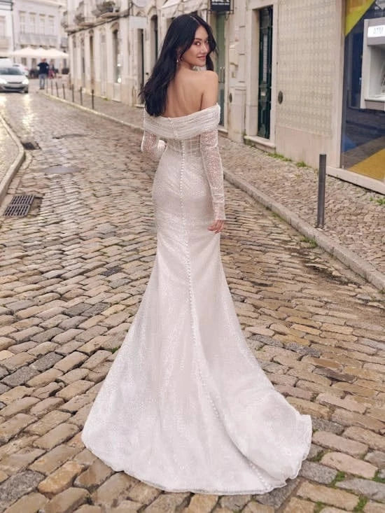 maggie sottero one shoulder dress Maggie Sottero Drew Wedding Dress Beaded Fit and Flare Bridal Gown with Long Sleeve Off-the-Shoulder Topper Size 16 Luxe Redux Bridal