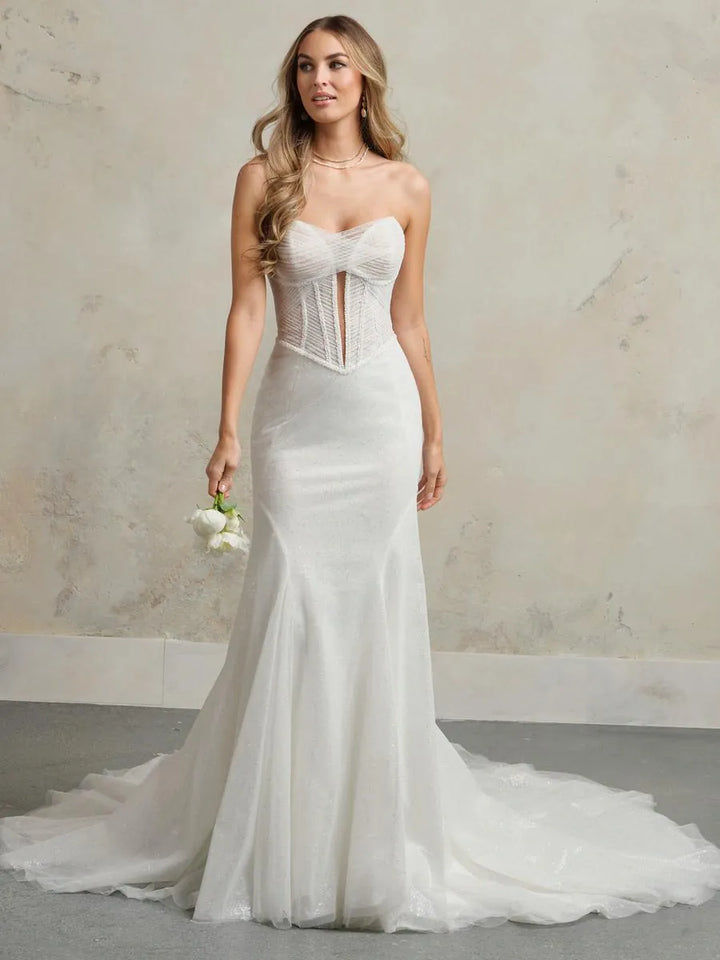 full front of maggie sottero esme ivory tulle fit and flare wedding dress with a plunge bodice and strapless neckline