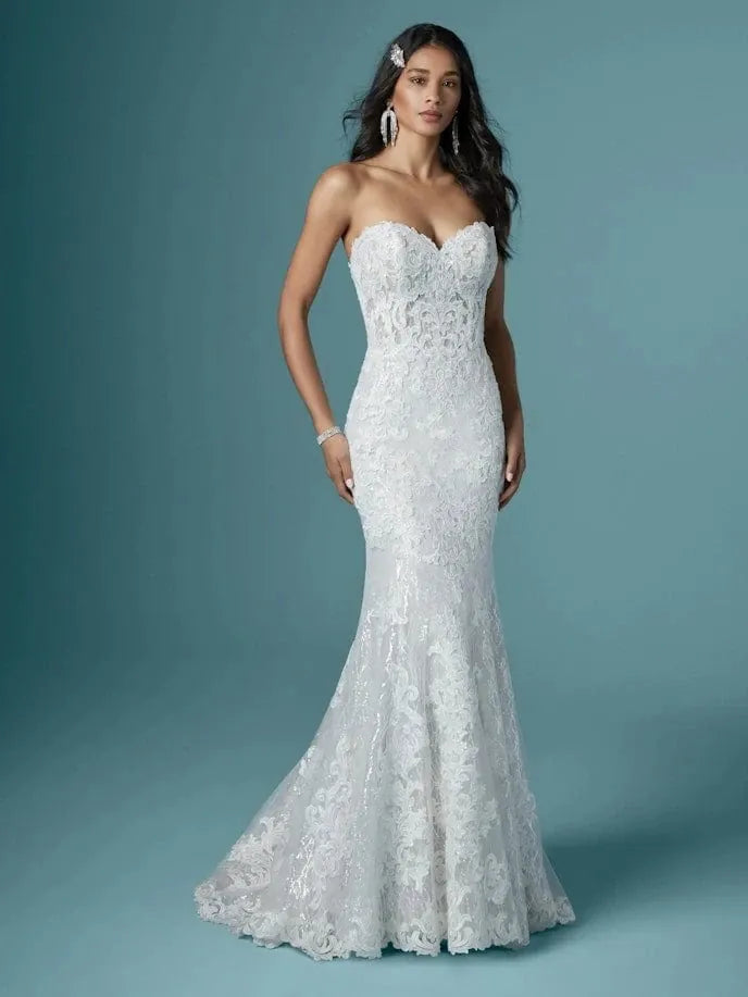 front of maggie sottero kaysen lace fitted wedding dress with strapless sweetheart neckline, without matching overskirt