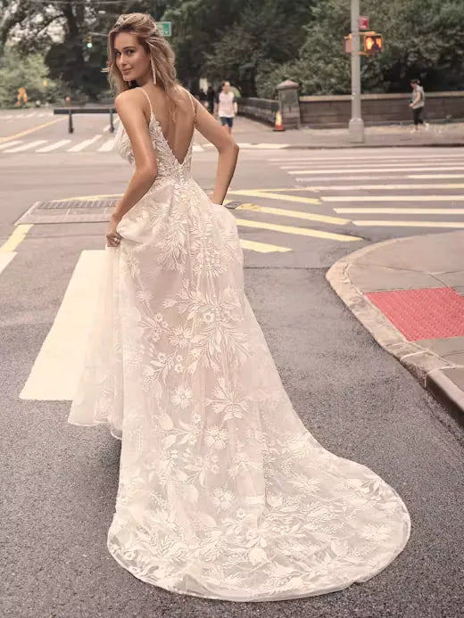 full back of maggie sottero keisha blush lace a-line wedding dress with a deep v neckline and thin straps