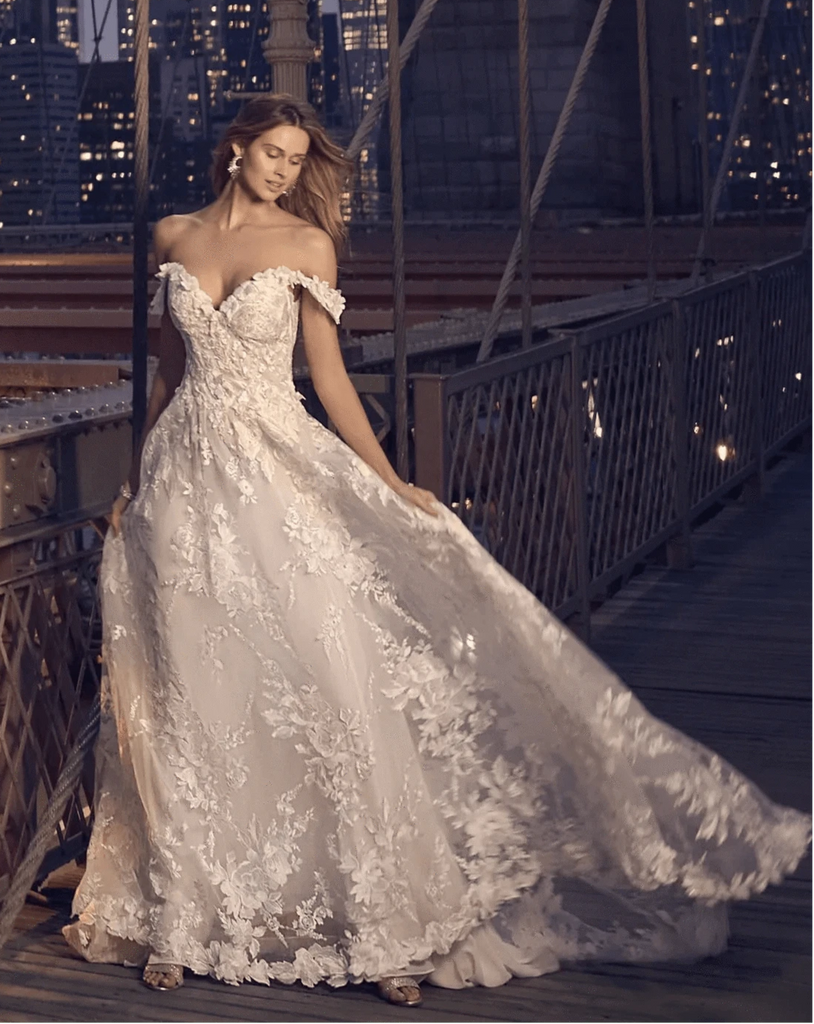 Maggie Sottero Leandra Wedding Dress – Off-The-Shoulder Lace A-Line Bridal Gown with Floral-Trimmed Sweetheart Neckline – Size 14 – Luxe Redux Bridal