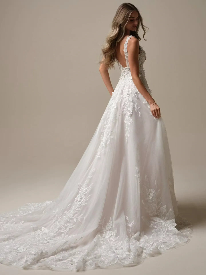 full back of maggie sottero magnolia ivory tulle a-line wedding dress with scattered lace appliques and chapel length train