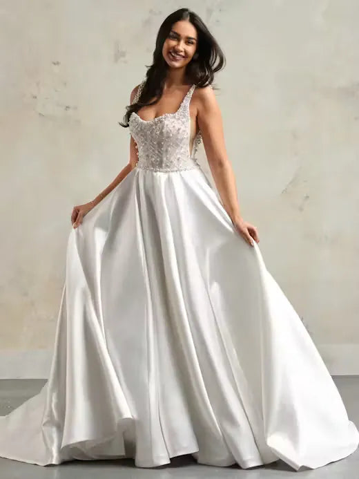 full front of maggie sottero zacasha ivory mikado a-line wedding dress with a beaded bodice