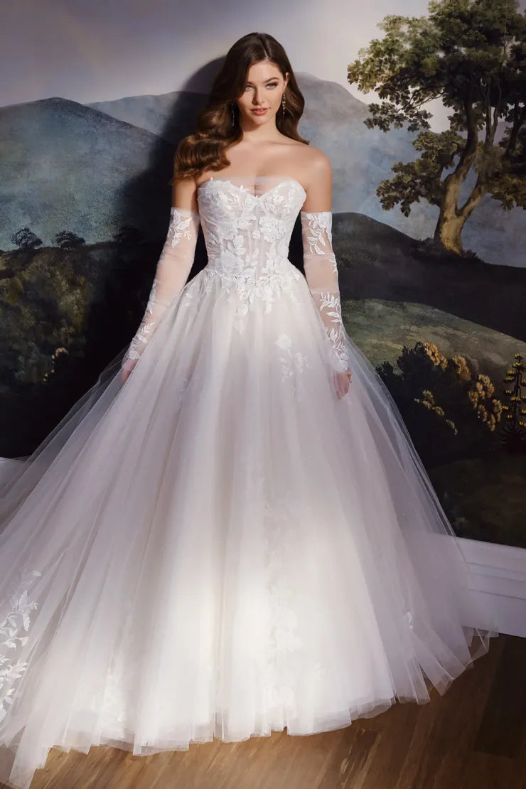 front of martin thornburg mt8108 champagne tulle ball gown wedding dress with cascading appliques + full skirt