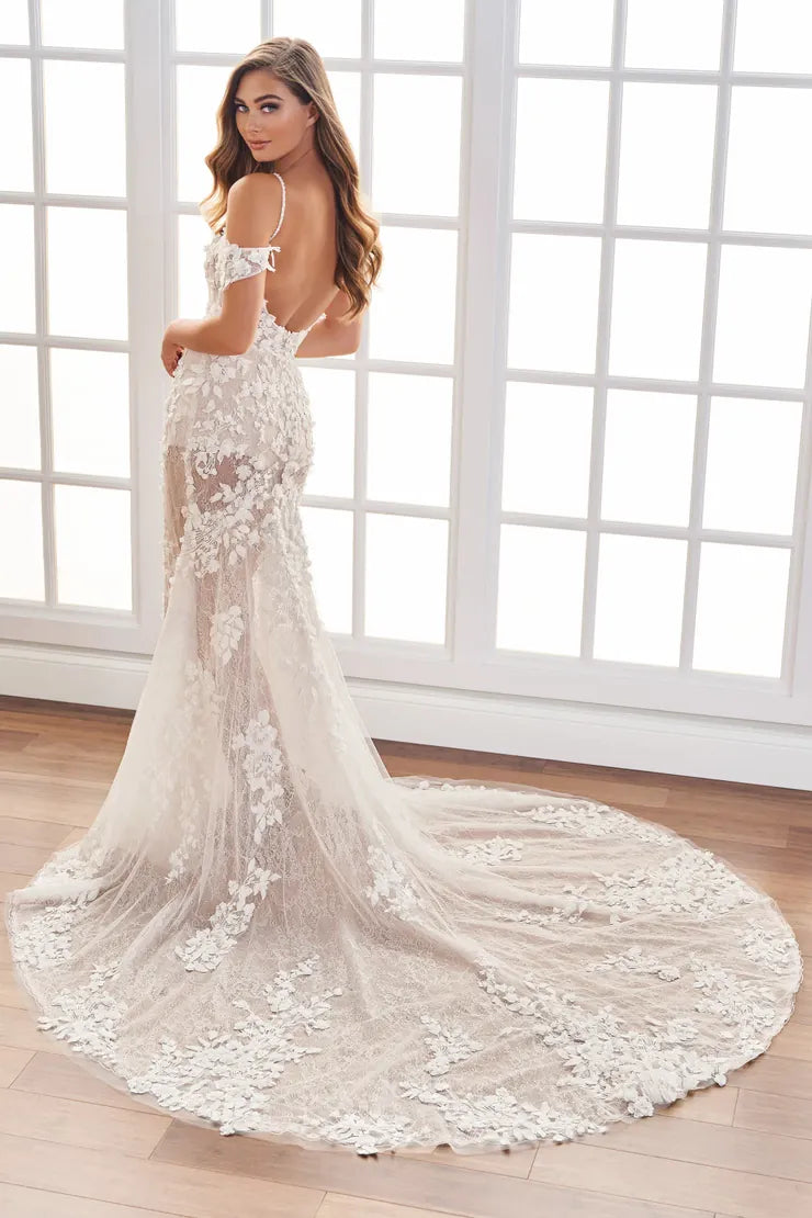 A woman modeling a bridal gown from the back in a bright room with large white-framed windows and wood flooring. The dress is off-the-shoulder with a fitted lace bodice, sheer midsection, and a long dramatic train.